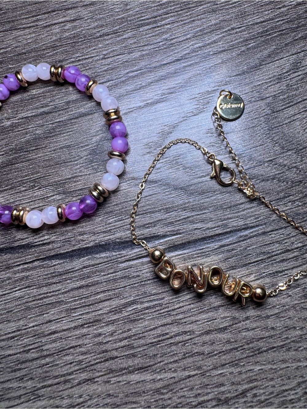 Disney Bonjour Gold Letter Bracelet with Purple Beaded Stretch Bracelet Set